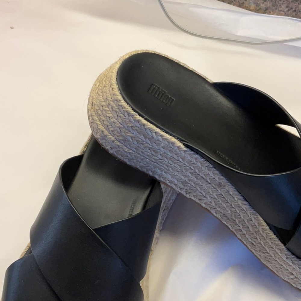 FITFLOP Black Leather Espadrille Slip on Sandals 8M - Picture 2 of 7